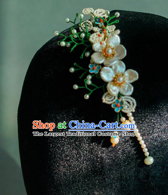 China Qing Dynasty Pearls Hair Stick Traditional Court Hair Jewelry Ancient Empress Shell Plum Hair Clasp