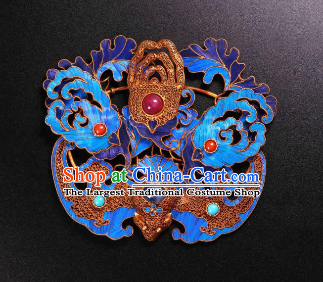 China Ancient Qing Dynasty Court Empress Gems Hairpin Traditional Handmade Filigree Bat Hair Crown