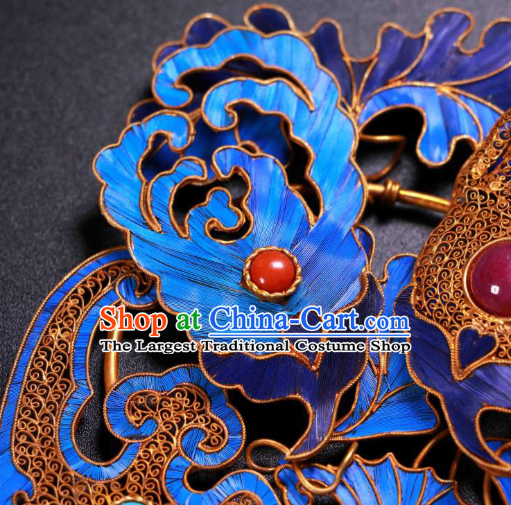 China Ancient Qing Dynasty Court Empress Gems Hairpin Traditional Handmade Filigree Bat Hair Crown