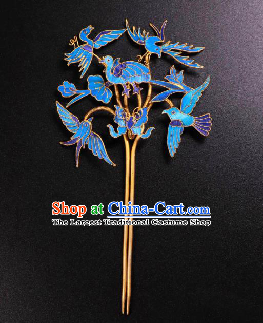 China Handmade Blueing Birds Hair Stick Ancient Qing Dynasty Imperial Consort Hairpin