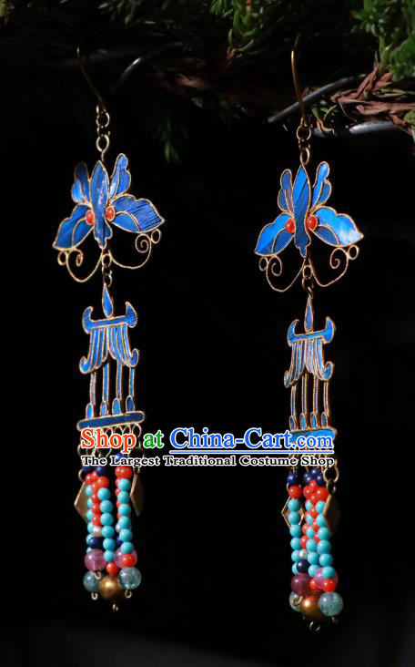 Chinese Ancient Qing Dynasty Blueing Butterfly Ear Accessories Classical Cheongsam Colorful Beads Tassel Earrings Jewelry