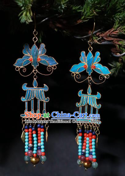 Chinese Ancient Qing Dynasty Blueing Butterfly Ear Accessories Classical Cheongsam Colorful Beads Tassel Earrings Jewelry