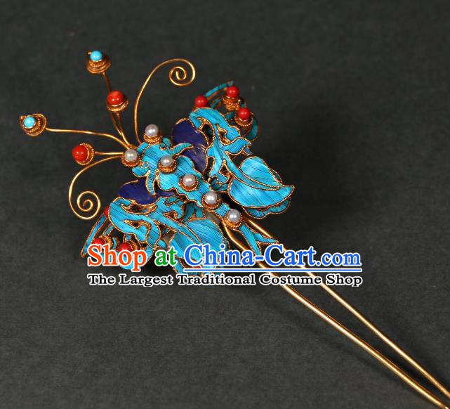 China Handmade Cloisonne Hair Accessories Qing Dynasty Pearls Hairpin Ancient Empress Butterfly Hair Stick