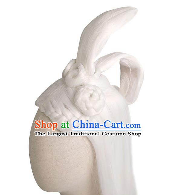Handmade Chinese Ancient Female Swordsman White Wig Sheath Traditional Warring States Period Princess Rong Le Wigs Chignon