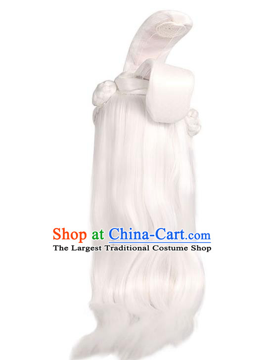 Handmade Chinese Ancient Female Swordsman White Wig Sheath Traditional Warring States Period Princess Rong Le Wigs Chignon