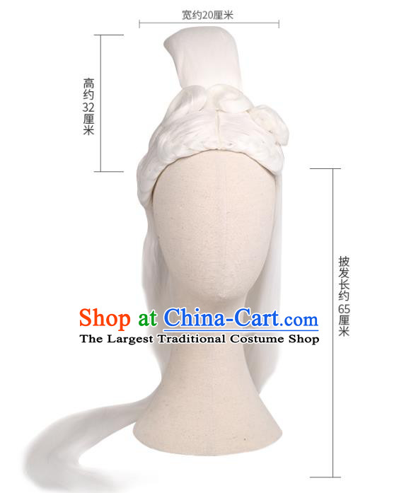 Handmade Chinese Ancient Female Swordsman White Wig Sheath Traditional Warring States Period Princess Rong Le Wigs Chignon