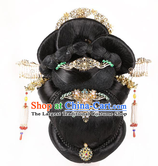 Handmade Chinese Ancient Queen Wu Zetian Wig Sheath Traditional Tang Dynasty Empress Wigs Chignon and Hair Accessories