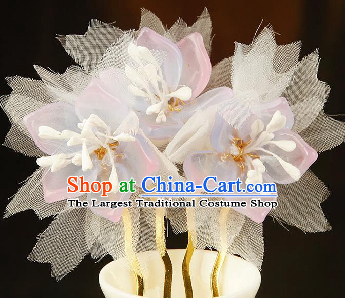 China Ming Dynasty Young Lady Hair Comb Traditional Ancient Court Hair Jewelry Pink Peach Blossom Hairpin