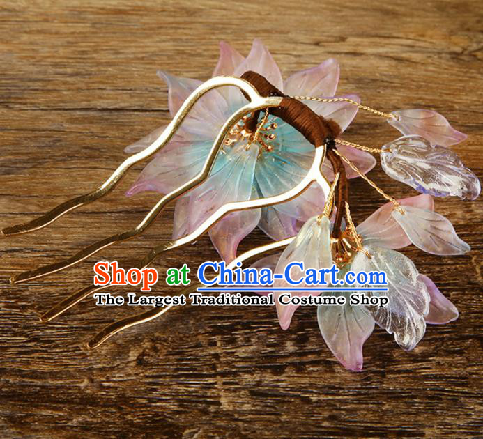 China Traditional Ancient Court Hair Jewelry Hairpin Ming Dynasty Young Lady Pink Lily Flowers Hair Comb