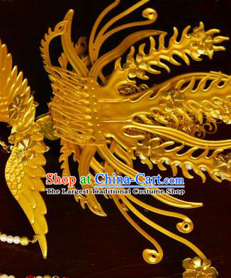 China Traditional Ancient Queen Hair Jewelry Tassel Phoenix Hairpin Ming Dynasty Empress Golden Hair Crown