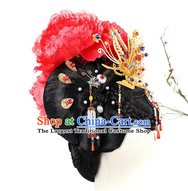 Chinese Ancient Queen Wig Sheath Traditional Tang Dynasty Empress Wu Zetian Wigs Chignon and Hair Jewelry