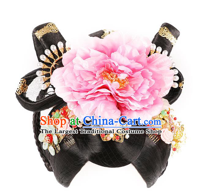 Handmade Chinese Ancient Royal Queen Wig Sheath Traditional Tang Dynasty Empress Wigs Chignon Headwear