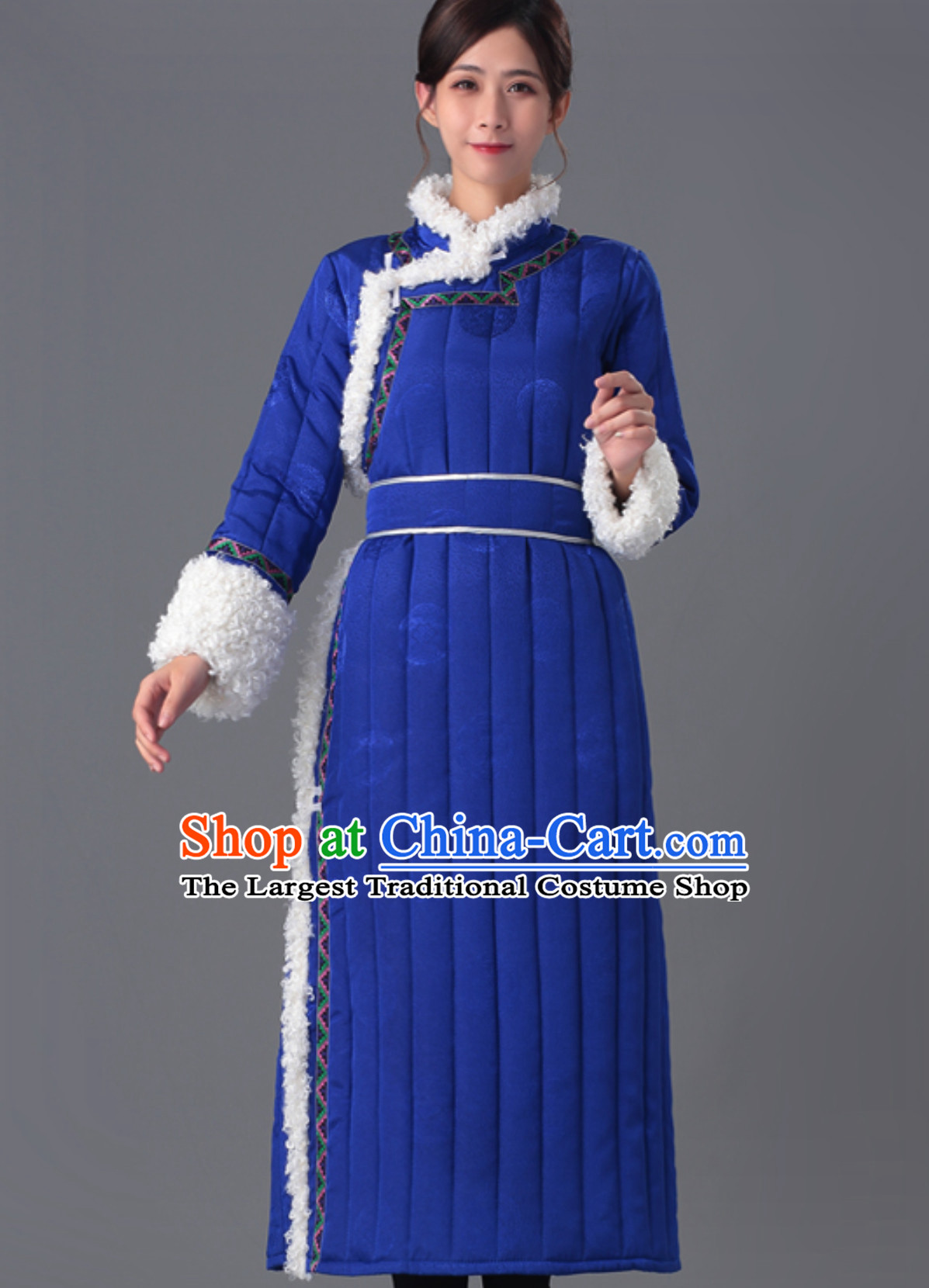 Top Chinese Traditional Mongol Minority Ethnic Costume Blue  Fabric Mongolian Garment for Women