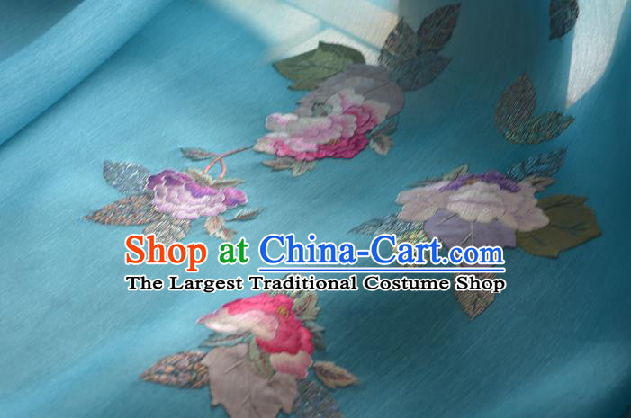 Chinese Embroidered Peony Blue Silk Traditional Hanfu Silk Fabric