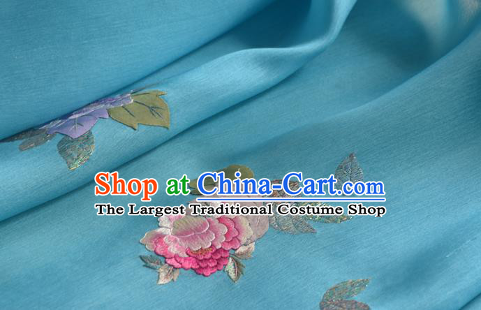 Chinese Embroidered Peony Blue Silk Traditional Hanfu Silk Fabric