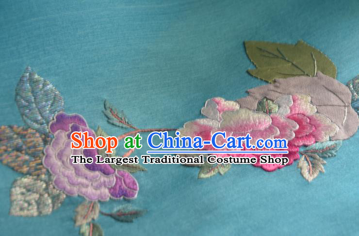 Chinese Embroidered Peony Blue Silk Traditional Hanfu Silk Fabric