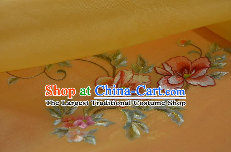 Chinese Embroidered Flowers Silk Material Traditional Hanfu Yellow Silk Fabric