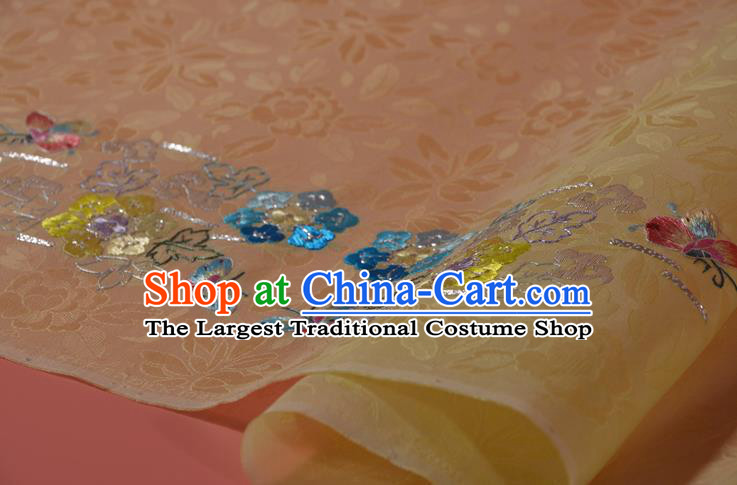Chinese Traditional Hanfu Dress Light Yellow Silk Fabric Embroidered Plum Butterfly Silk Material