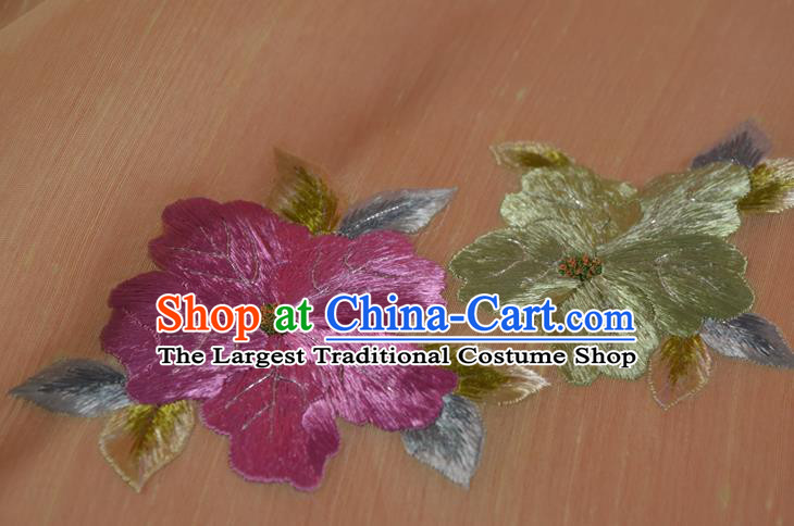 Chinese Embroidered Purple Flowers Silk Material Traditional Hanfu Dress Yellow Silk Fabric