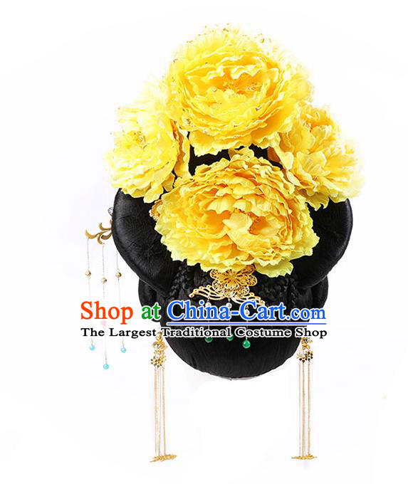 Chinese Ancient Court Woman Wig Sheath Traditional Tang Dynasty Wigs Chignon and Hair Accessories