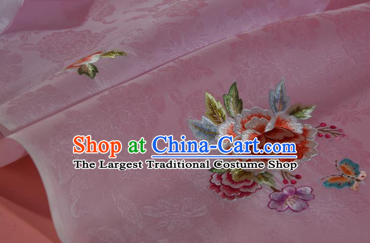 Chinese Classical Peony Pattern Silk Material Traditional Hanfu Dress Embroidered Pink Silk Fabric