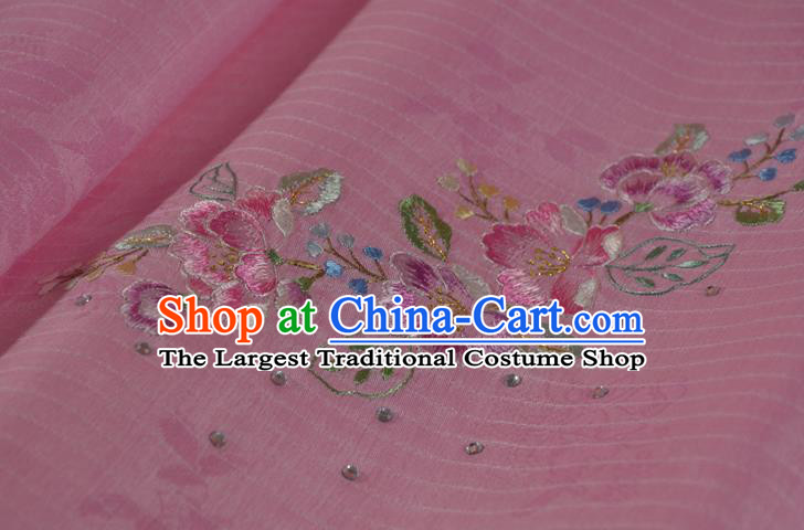 Chinese Classical Peach Flowers Pattern Silk Material Traditional Hanfu Dress Embroidered Pink Silk Fabric