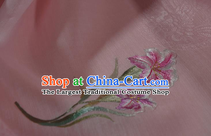 Chinese Traditional Hanfu Dress Jacquard Peacock Pink Silk Fabric Classical Embroidered Lily Flowers Pattern Silk Material