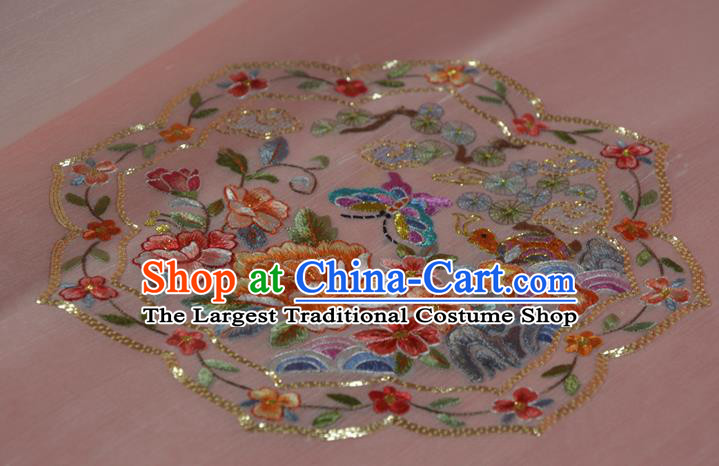Chinese Traditional Hanfu Silk Fabric Classical Embroidered Butterfly Peony Pink Silk Material