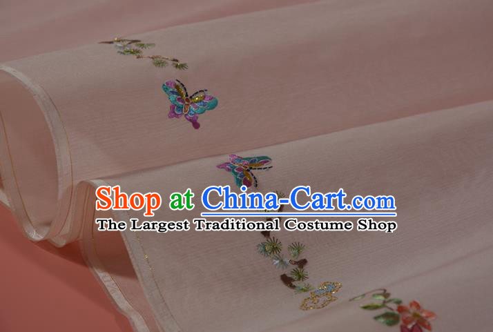 Chinese Traditional Hanfu Silk Fabric Classical Embroidered Butterfly Peony Pink Silk Material