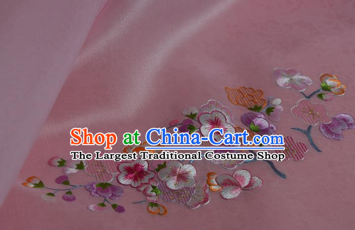 Chinese Traditional Hanfu Pink Silk Fabric Classical Embroidered Plum Blossom Silk Material