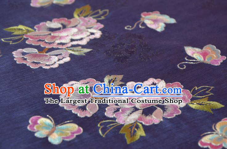 Chinese Classical Dark Purple Natural Silk Material Traditional Hanfu Embroidered Peony Flowers Silk Fabric