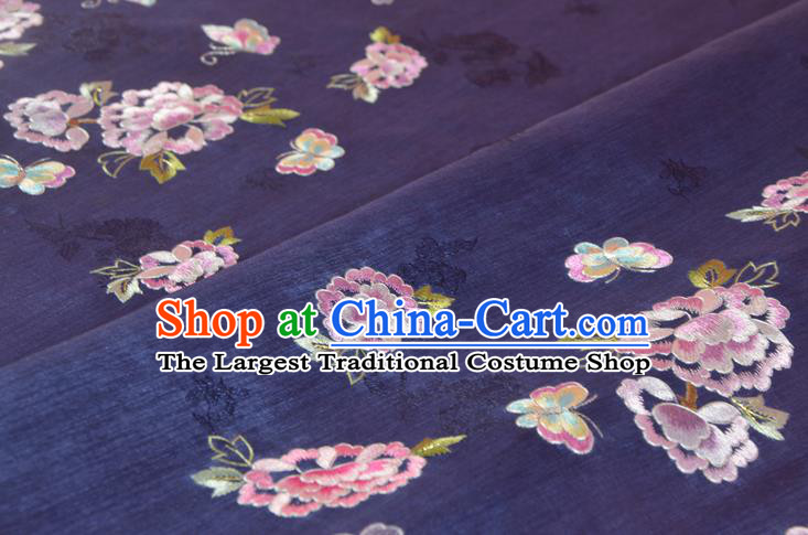 Chinese Classical Dark Purple Natural Silk Material Traditional Hanfu Embroidered Peony Flowers Silk Fabric