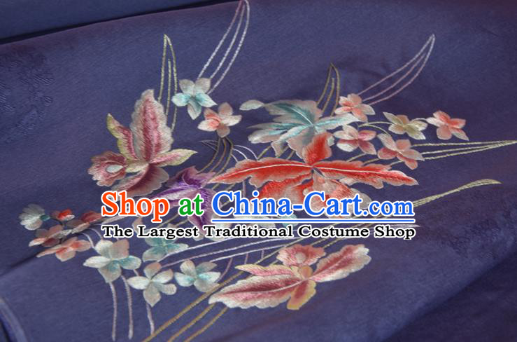 Traditional Korean Hanbok Silk Fabric Handmade Embroidered Orchids Purple Silk