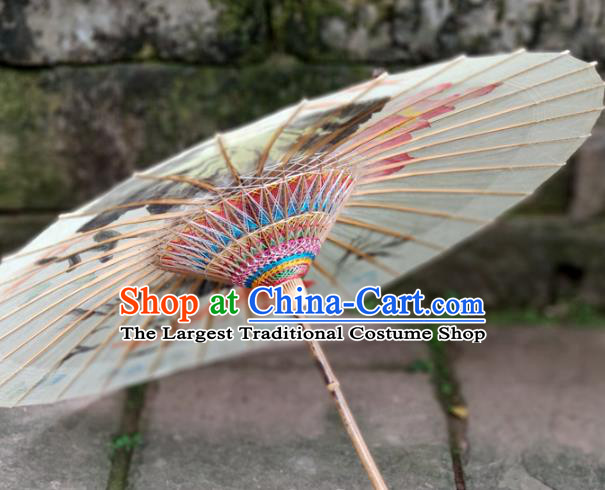 Traditional China White Oil Paper Umbrella Handmade Umbrellas Artware Ink Painting Lotus Fishes Umbrella