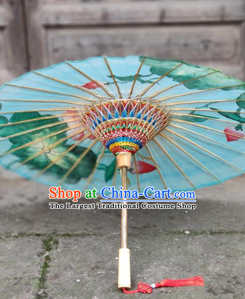Traditional China Blue Oil Paper Umbrella Handmade Umbrellas Artware Painting Lotus Umbrella