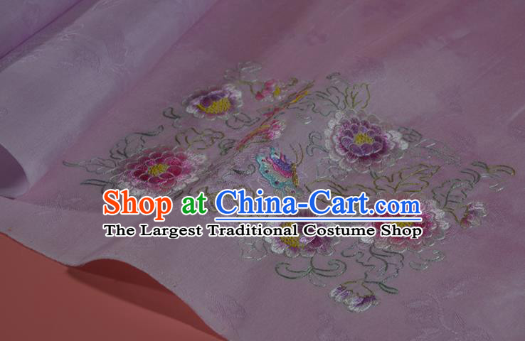 Traditional Korean Hanbok Lilac Silk Fabric Handmade Embroidered Peony Silk Textile