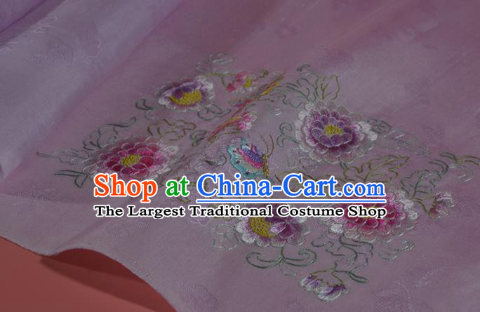 Traditional Korean Hanbok Lilac Silk Fabric Handmade Embroidered Peony Silk Textile