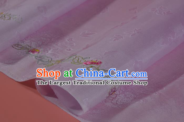 Traditional Korean Hanbok Lilac Silk Fabric Handmade Embroidered Peony Silk Textile