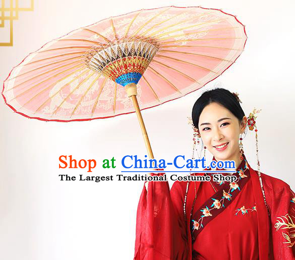 Traditional China Handmade Wedding Umbrellas Artware Bride Red Paper Umbrella Printing Dragon Phoenix Oil Paper Umbrella