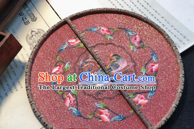 Handmade China Traditional Wedding Circular Fan Embroidery Mandarin Duck Palace Fan Embroidered Pink Silk Fan