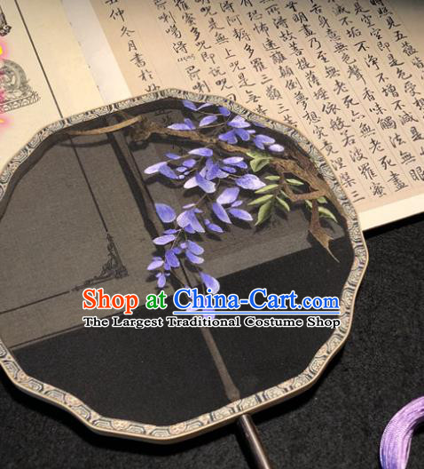 Handmade China Traditional Princess Fan Embroidery Wisteria Palace Fan Embroidered Black Silk Fan