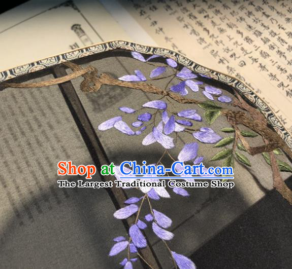 Handmade China Traditional Princess Fan Embroidery Wisteria Palace Fan Embroidered Black Silk Fan