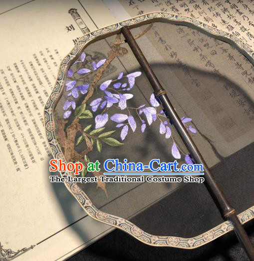 Handmade China Traditional Princess Fan Embroidery Wisteria Palace Fan Embroidered Black Silk Fan