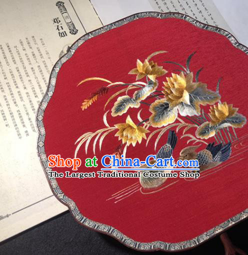 Handmade China Wedding Palace Fan Classical Dance Red Silk Fan Traditional Princess Embroidered Mandarin Duck Fan