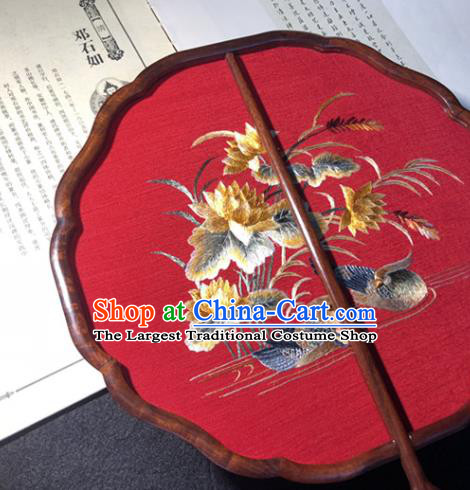 Handmade China Wedding Palace Fan Classical Dance Red Silk Fan Traditional Princess Embroidered Mandarin Duck Fan