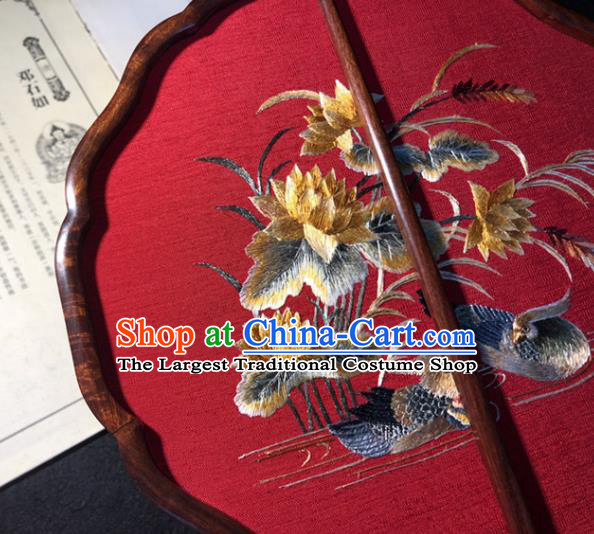 Handmade China Wedding Palace Fan Classical Dance Red Silk Fan Traditional Princess Embroidered Mandarin Duck Fan