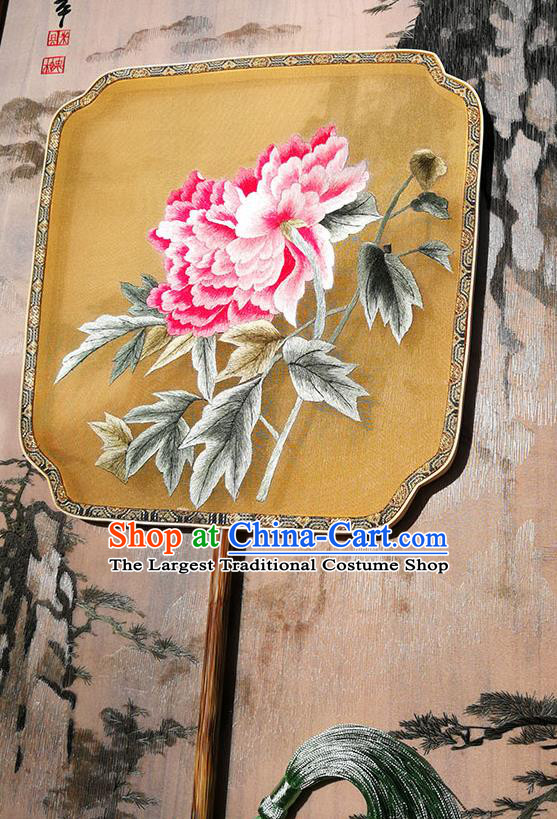 China Handmade Yellow Silk Fans Embroidered Peony Palace Fan Traditional Song Dynasty Hanfu Fan
