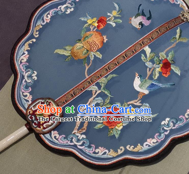 China Handmade Blue Silk Classical Palace Fan Traditional Song Dynasty Hanfu Fan Embroidered Pomegranate Fan