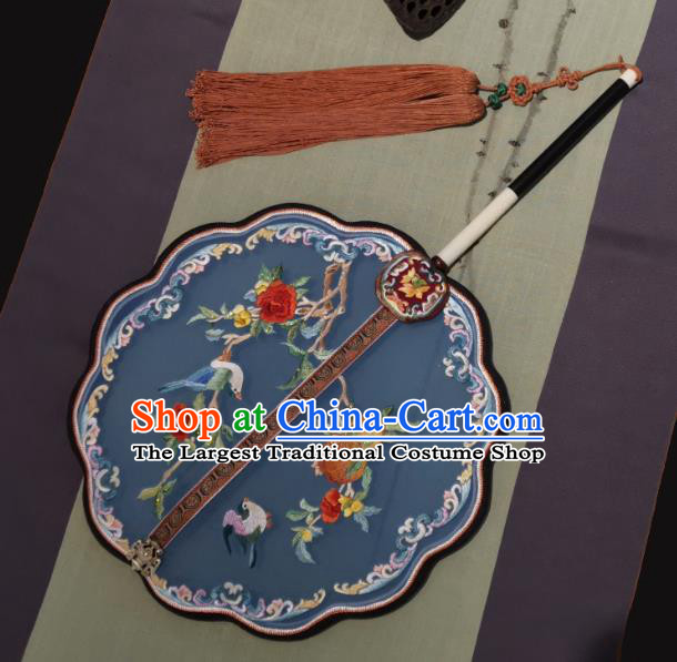 China Handmade Blue Silk Classical Palace Fan Traditional Song Dynasty Hanfu Fan Embroidered Pomegranate Fan