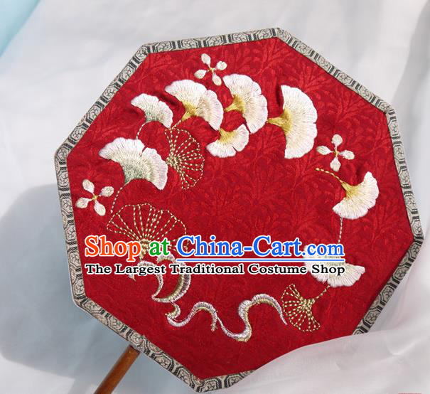 China Embroidered Ginkgo Leaf Palace Fan Handmade Red Silk Octagon Fan Traditional Hanfu Fan
